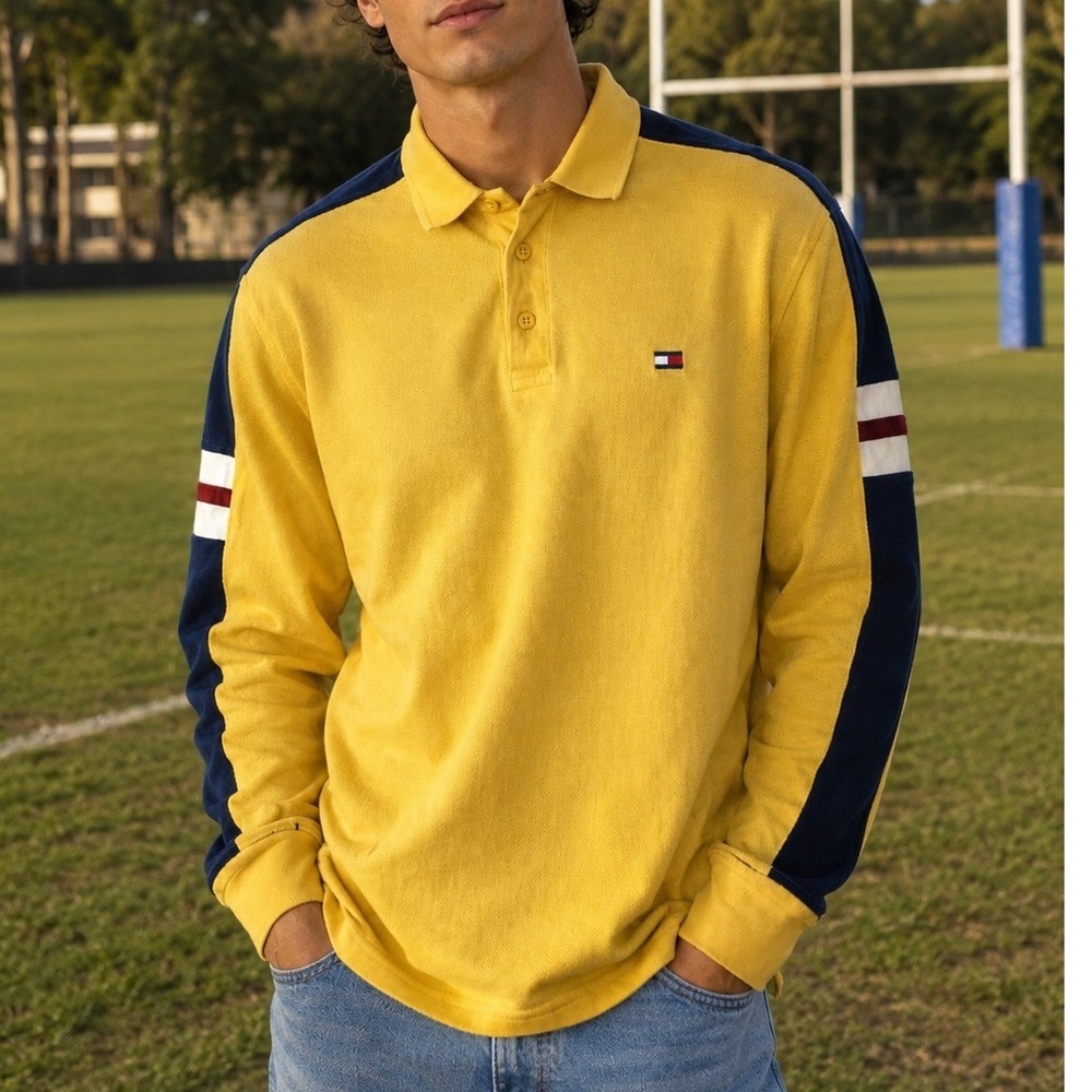 Vtg 2000 Tommy Hilfiger Men's Small Long Sleeve Polo Shirt Yellow Navy Stripe